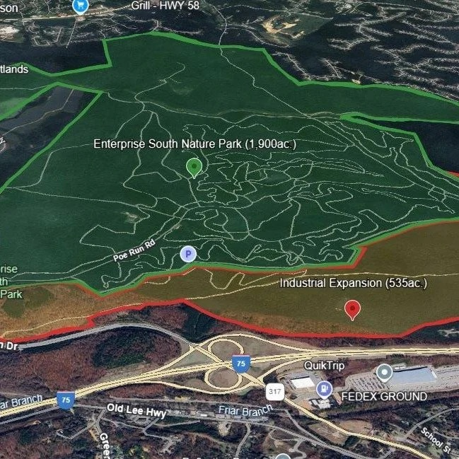 Aerial map of Enterprise South Nature Park in Chattanooga, Tennessee, showing hiking and biking trails near Interstate 75 and the industrial park.