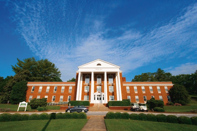 Brick academic building with white columns at Southern Adventist University in Collegedale Tennessee