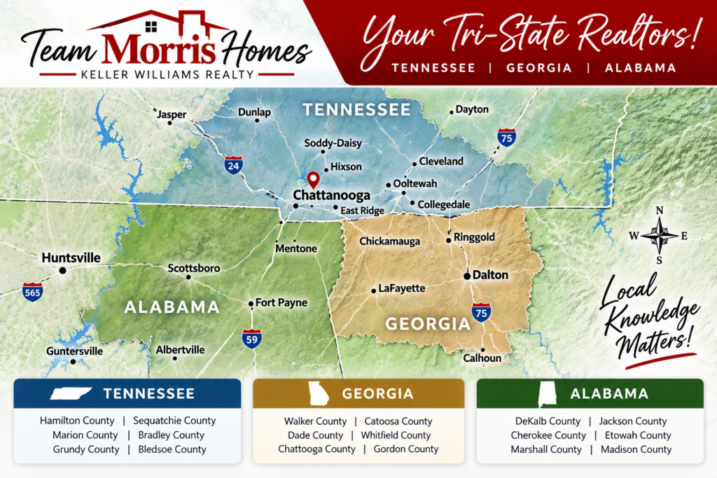 Team Morris Homes real estate service area map showing Southeast Tennessee, Northwest Georgia, and Northeast Alabama, including Chattanooga, Chickamauga, Ringgold, Scottsboro, Fort Payne, and Huntsville.
